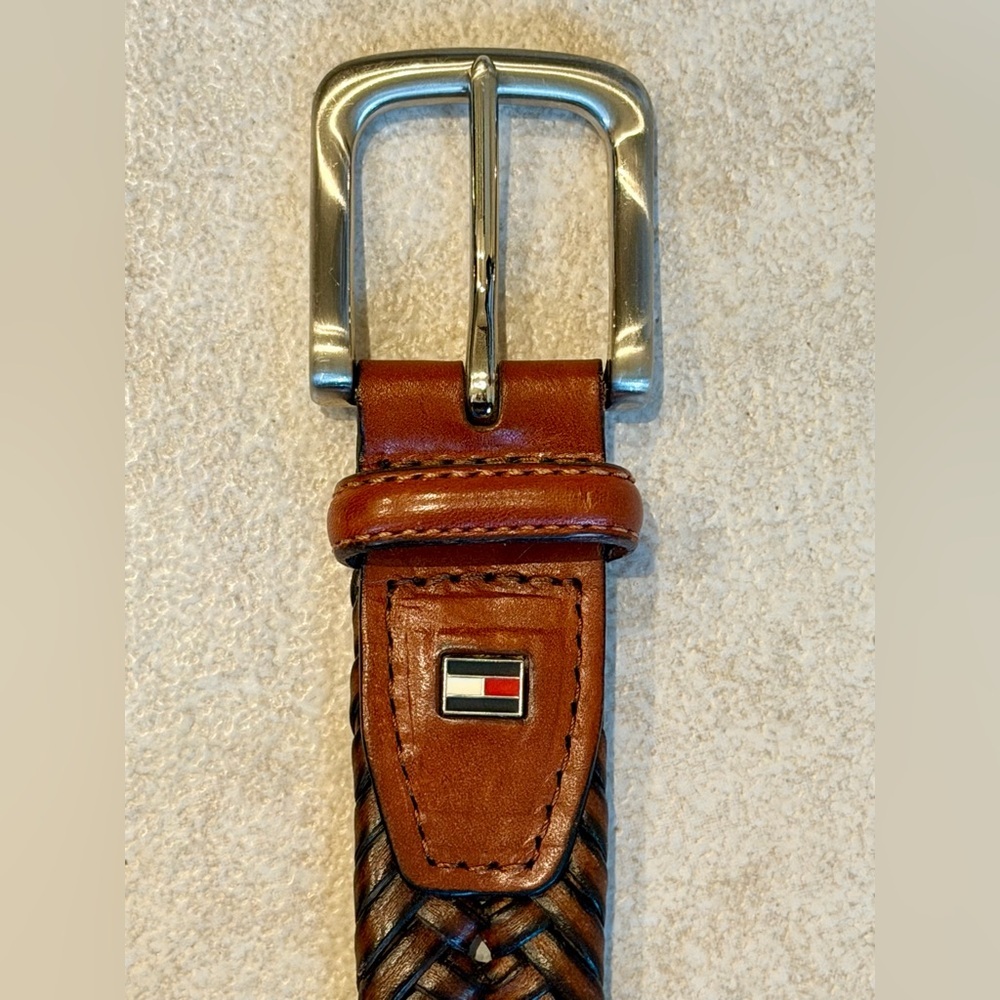 Tommy Hilfiger Woven Leather Belt - Silver / Rich Brown Vintage Retro Size 38